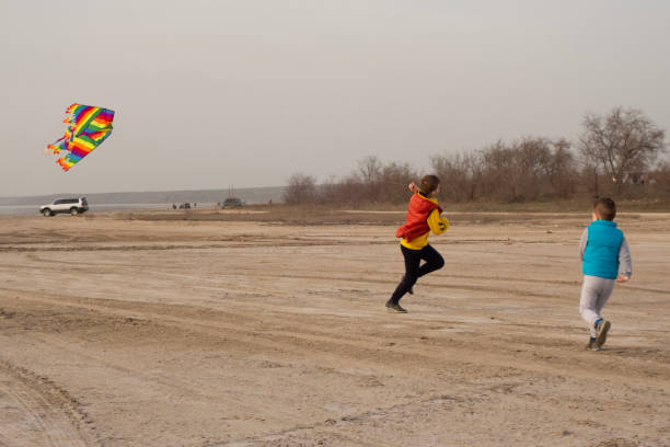 istock Two brothers 10 and 4 years old play on an empty beach. Flying a kite. 1216462108