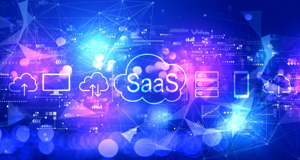 saas - テクノロジーの明るい背景を持つサービスコンセプトとしてのソフトウェア - paas ストックフォトと画像