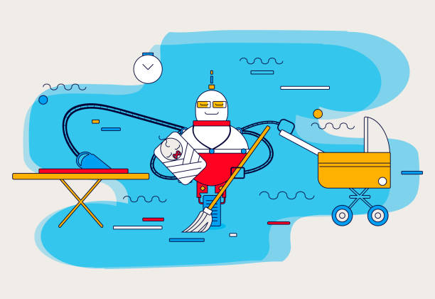 Robot multitasking. Color vector cartoon flat icon. Robot multitasking. He is with broom sweeping the floor and holding newborn child. Cyborg ironing clothes on board. Front view. Color vector cartoon flat icon. Concept - people resting, machine work free chore backgrounds stock illustrations