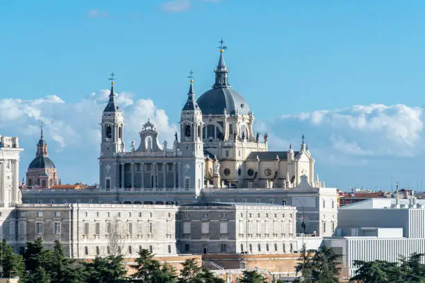Aerial view of the Almudena Cathedral, a catholic church in Madrid, Spain.