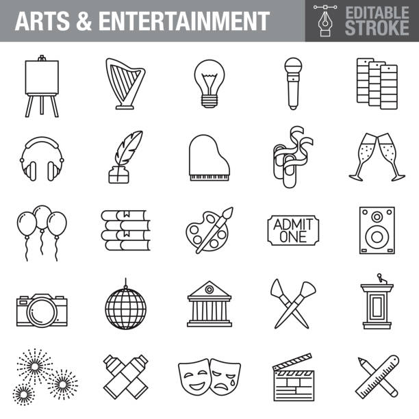 kunst und unterhaltung editierbare schlaganfall icon set - writing instrument illustrations stock-grafiken, -clipart, -cartoons und -symbole