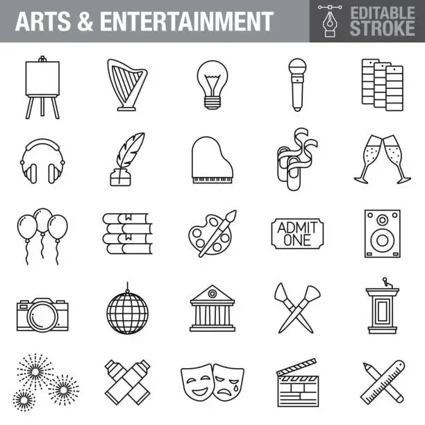 Vector illustration of Arts and Entertainment Editable Stroke Icon Set