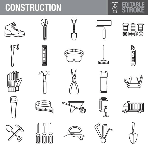 ilustraciones, imágenes clip art, dibujos animados e iconos de stock de conjunto de iconos de trazo editables de construcción - pliers gardening equipment work tool equipment