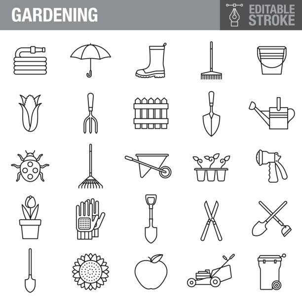 gardening editable stroke icon set - gardening shovel trowel flower stock-grafiken, -clipart, -cartoons und -symbole