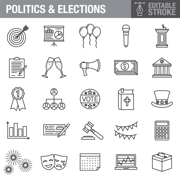 politik und wahlen editierbarstrich icon set - demokratie grafiken stock-grafiken, -clipart, -cartoons und -symbole