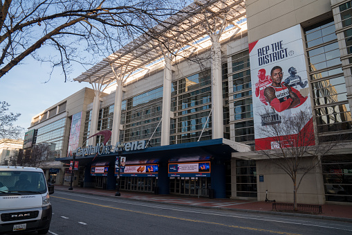 Washington, DC December 26, 2019: Capital One Arena entrance with advertisement of Wizards NBA basketball NBA team