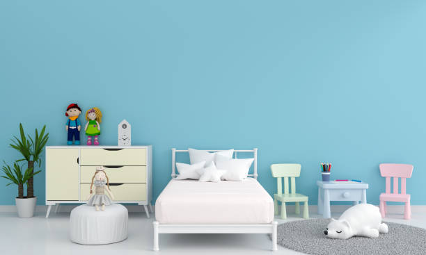 Blue child bedroom interior for mockup, 3D rendering Blue children bedroom interior for mockup, 3D rendering nursery bedroom stock pictures, royalty-free photos & images