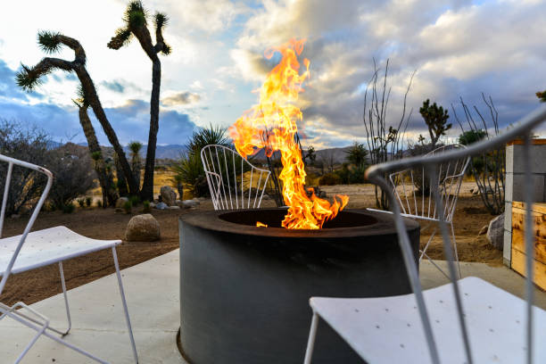 istock Fire Pit in Desert with Large Flame and Joshua Tree 1216472779