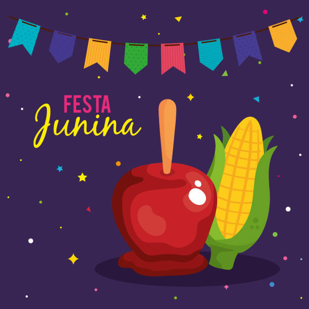 ilustrações, clipart, desenhos animados e ícones de festa junina pôster com maçã doce e espiga - corn fruit vegetable corn on the cob