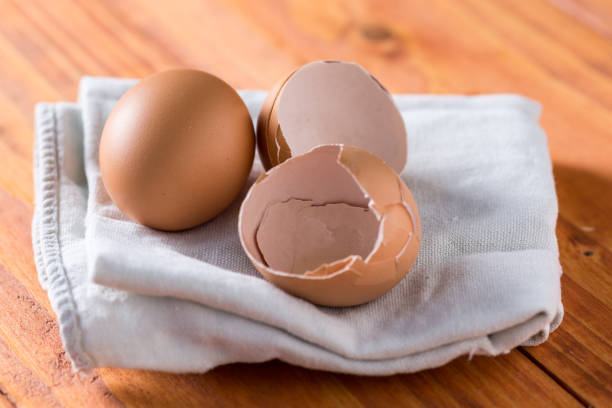 istock Egg and eggshells on the kitchen dishtowel with natural moody backlight 1216475052