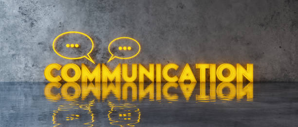 communication concept with speech bubbles on concrete wall 3d render - comunicação imagens e fotografias de stock