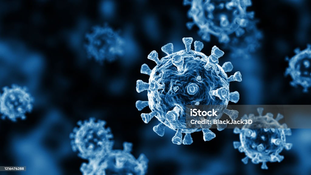 CoronaVirus Mono Blue Coronavirus. COVID-19. 3D Render Coronavirus Stock Photo