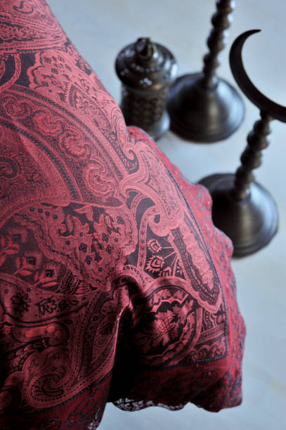 detalhe da folha definida em vermelho indiano - 1 - mattress embroidery pattern textile - fotografias e filmes do acervo