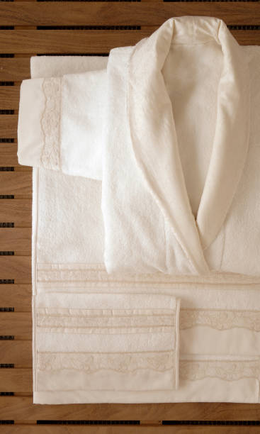 istock The cream bathrobe set for women 1216477013