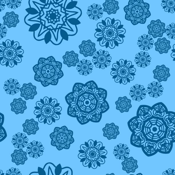 ilustraciones, imágenes clip art, dibujos animados e iconos de stock de azul copo de nieve adorno ornamentado sin costuras - seamless pattern meteorology snowflake