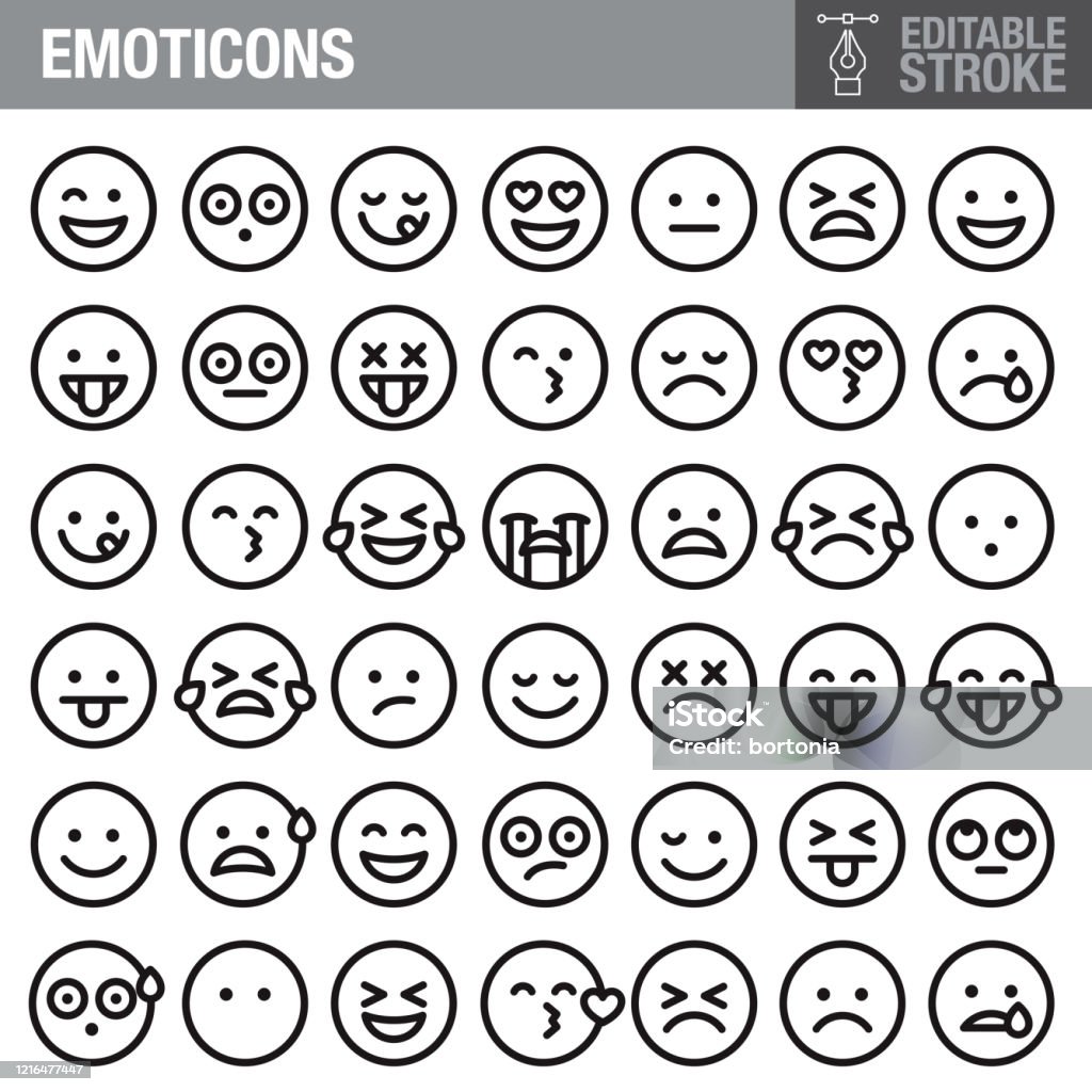 Emoticons Editable Stroke Icon Set A set of editable stroke thin line icons. File is built in the CMYK color space for optimal printing. The strokes are rounded 5pt and fully editable: Make sure that you set your preferences to ‘Scale strokes and effects’ if you plan on resizing! Emoticon stock vector