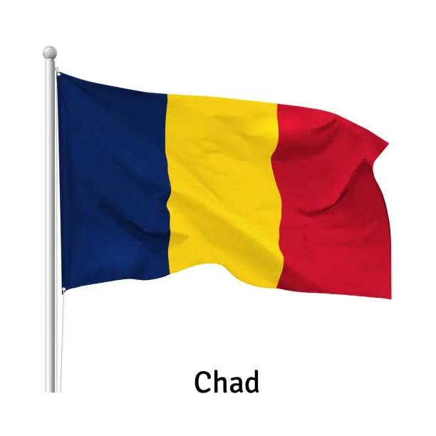 Vector illustration of Flag of the Republic of Chad in the wind on flagpole, vector