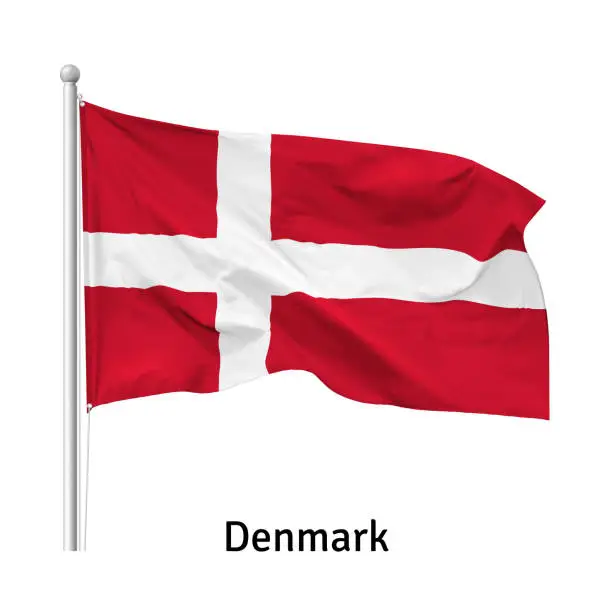 Vector illustration of Flag of the Kingdom of Denmark in the wind on flagpole, vector