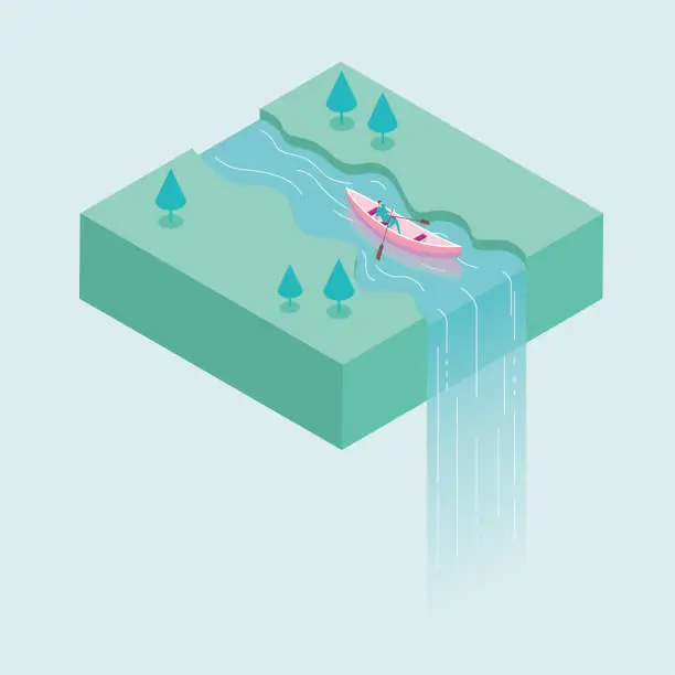 Vector illustration of A businessman is rowing in the river, and the water flows down from the air to form a waterfall.