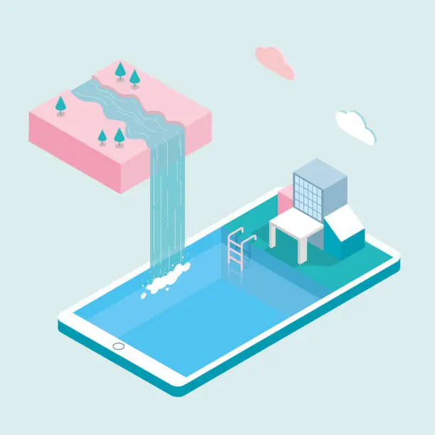 Vector illustration of The villa with the swimming pool is on the screen of the mobile phone, and the water flows down from the air to form a waterfall.