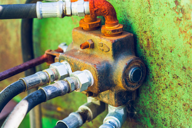 istock Closeup hydraulic control system of old tractor 1216500284