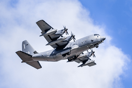 Mar 25, 2020 Mountain View / CA / USA - Close up of US Air Force military aircraft performing a training flight