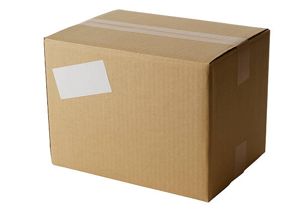 istock Blank cardboard box with white blank label on white background 121650222