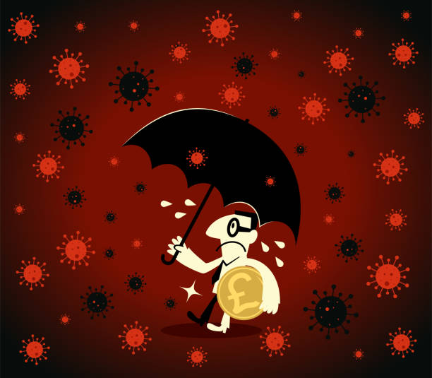 пандемия и финансовый кризис накояны. испуганный бизнесмен держит зонтик для защиты британской валюты фунта, опасаясь новой коронавирусно - one pound coin coin pound symbol falling stock illustrations