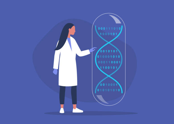 DNA code, biotech startup, scientific big data, young female researcher working in a lab DNA code, biotech startup, scientific big data, young female researcher working in a lab genetic research stock illustrations