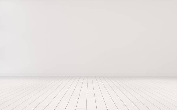 istock Mock-up of empty room and wood laminate floor with sun light cast the shadow on the wall,Perspective of minimal interior design. 3D rendering 1216504607