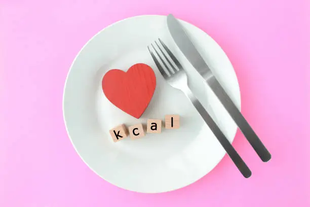 Photo of Wooden blocks with kcal words on plate