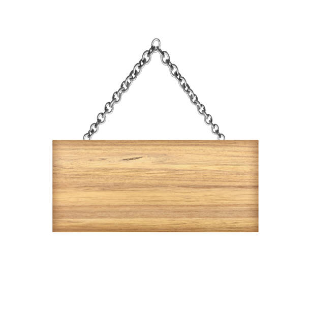 istock Wooden sign hanging on a chain isolated on white 1216505316
