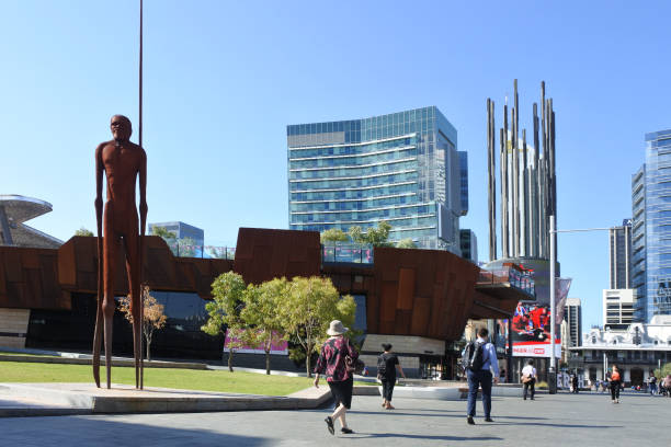 Perth, Western Australia - January 16, 2020: Padestrians walk in Yagan Square in Perth Central Business District Western Australia. The place have a cultural and spiritual significance to the Noongar the indigenous Australian people of Perth.