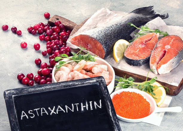 Foods rich in astaxanthin Foods rich in astaxanthin, carotenoid and antioxidants Astaxanthin stock pictures, royalty-free photos & images