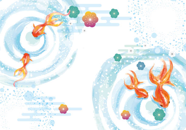일본식 배경과 금붕어 - water water surface underwater white background stock illustrations