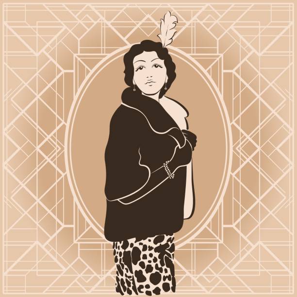 Roaring twenties woman. Portrate in 1920s fashion style on gold art deco background. Portrate of woman from roaring twenties on geometric old style background. gatsby stock illustrations