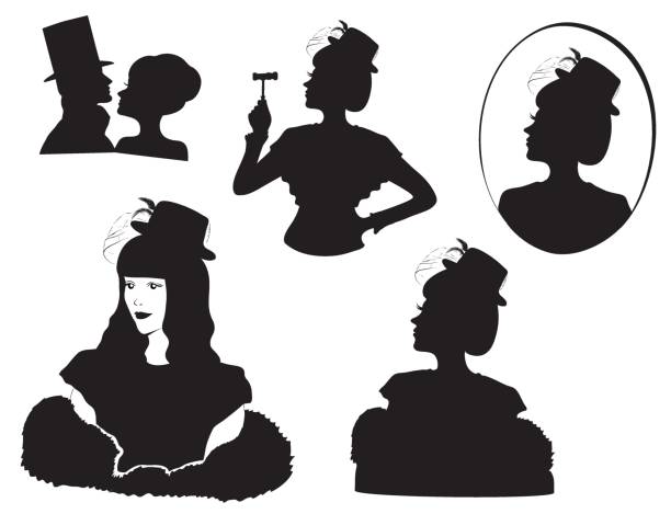 retro-silhouette menschen-set. 1920er jahre art deco und alte viktorianische kunst-stil. - baroque tattoo stock-grafiken, -clipart, -cartoons und -symbole