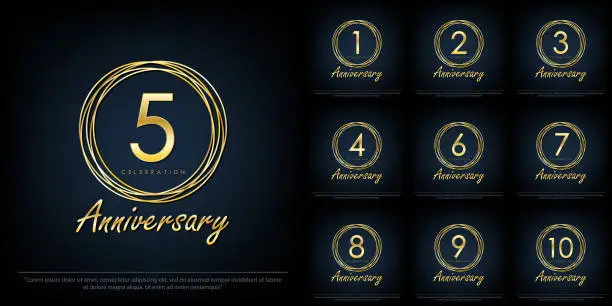 Vector illustration of Set of 1-10 Anniversary celebration emblem. elegance golden anniversary logo isolated with rings on black background, vector illustration template design for web, flyers, greeting card & invitation card