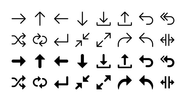 Arrows Glyph and Line Icons Simple Set of Arrows Vector Glyph and Line Icons including right, up, left, down, download, upload, back, repply, shuffle, loop, enter, minimize, enlarge, forward, split enter key stock illustrations