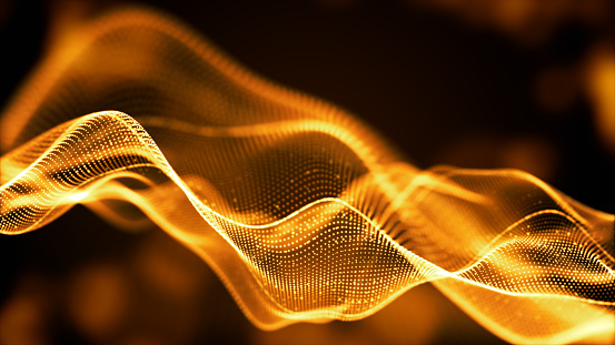 Gold color defocused digital particles wave flow technology digital connections, Digital cyberspace abstract background concept