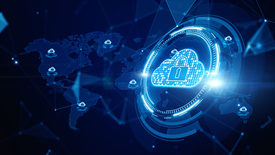 Digital Cloud Computing, Cyber Security, Digital Data Network Protection, Future Technology Digital Data Network Connection Background Concept.