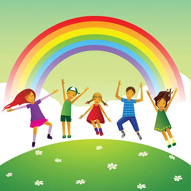 Vector illustration of Children Playing Hill Rainbow Vector Illustration