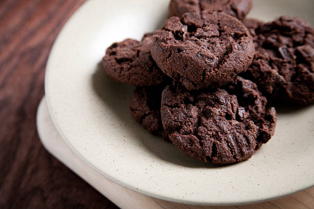 istock A plate of double chocolate cookies on a wood table 121652243