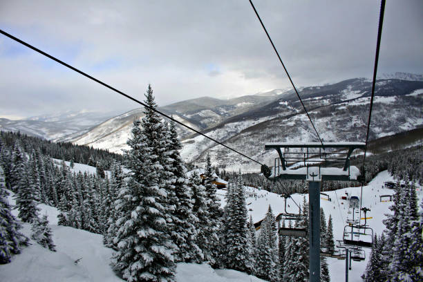 istock Empty ski lift by snowy evergreen tree in Vail, Colorado 1216524521