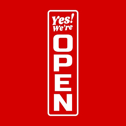 We are open vertical sign. Vector icon design illustration on red background.