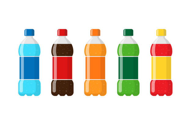 ilustraciones, imágenes clip art, dibujos animados e iconos de stock de paquete de botellas de plástico con bebida y etiquetas de refresco verde naranja marrón rojo azul. bebida carbonatada con burbujas en la ilustración vectorial aislada plana - soda