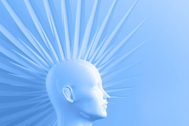 istock Abstract blue background with female profile and stylized defiant fashionable Mohawk hairstyle 3D illustration 1216527256
