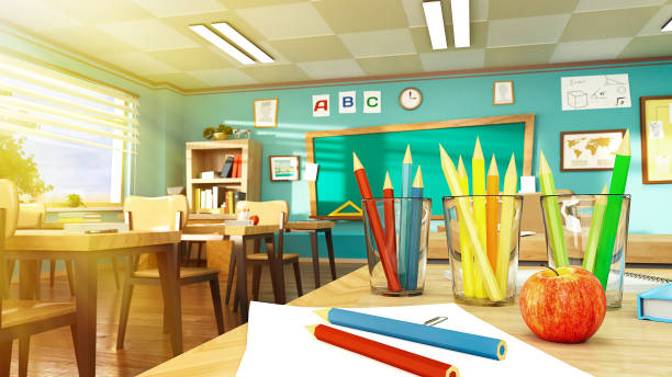 istock Red apple, glasses with colorful pencils and white paper on a table in empty school classroom closed on quarantine. 3D rendering illustration. Back to school background template 1216528071