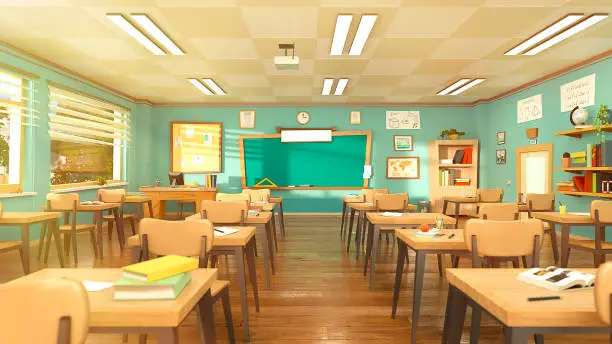 Photo of Empty school classroom in cartoon style. Education concept without students. 3d rendering interior illustration. Back to school design template. Classroom in quarantine on coronavirus COVID-19.