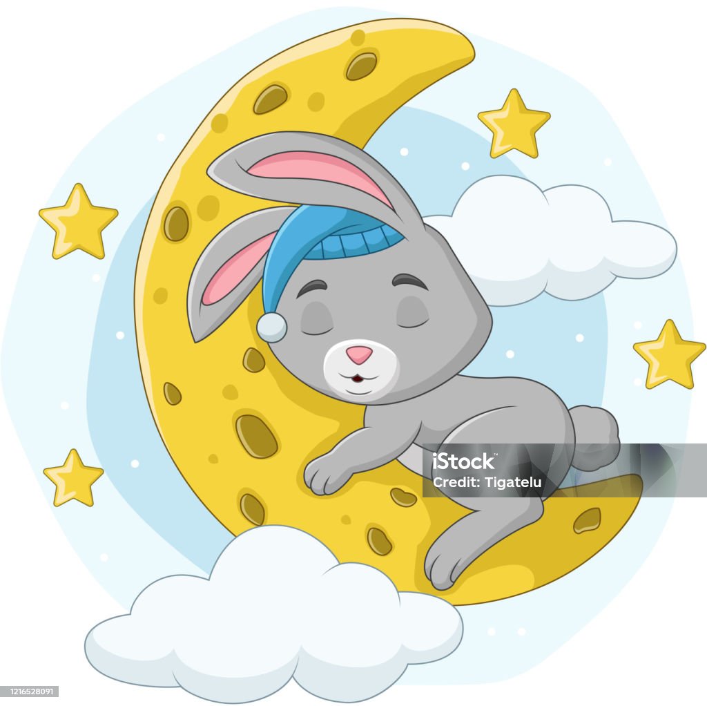 Cartoon Baby Rabbit Sleeping On The Moon Stock Illustration - Download  Image Now - Animal, Anniversary, Baby - Human Age - iStock